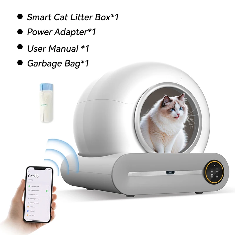 Slimme kattenbak Automatisch zelfreinigend 65L Grote capaciteit APP-bediening Semi-gesloten kattentoilet Engelse versie + EU-stekker