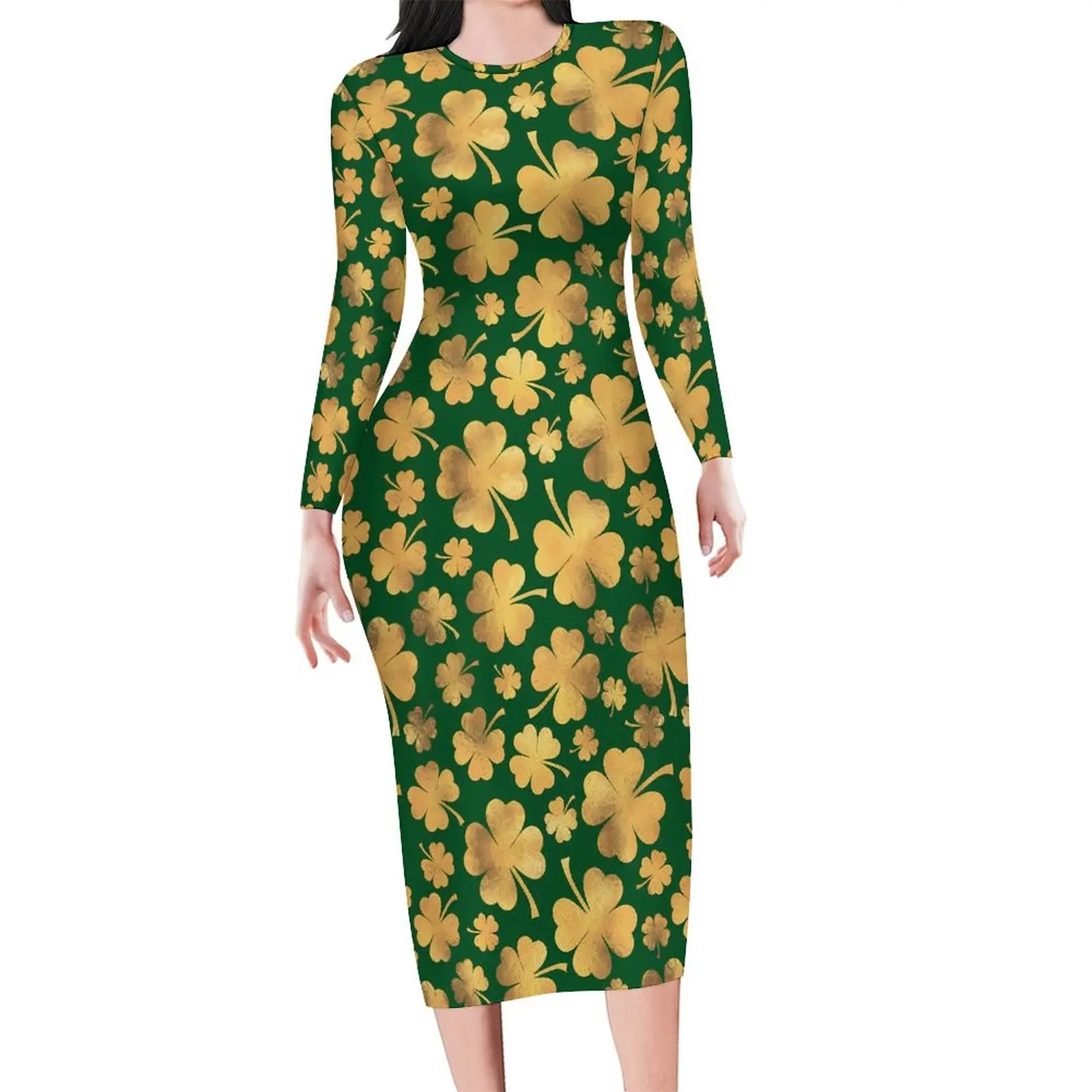 Gold Foil Shamrock Dress Long Sleeve Lucky Clovers Trendy Dresses Summer Women Streetwear Graphic Bodycon Dress Large Size