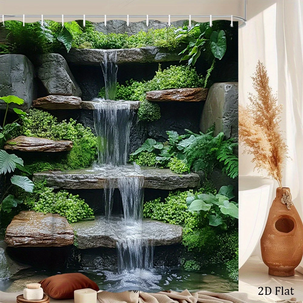 Waterfall Garden Shower Curtain Nature Art Bathroom Decor Rock Stream Green Plants Bath Curtains Modern Home Interior