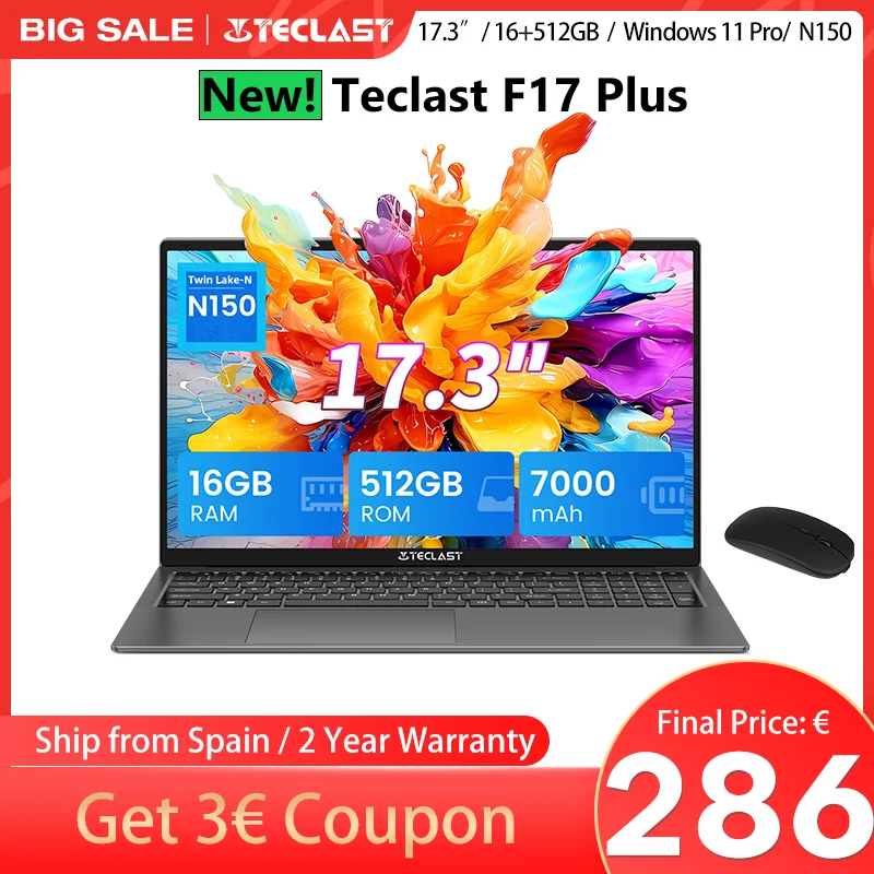 Teclast F17Plus laptop de 17.3 pulgadas, 16 GB de RAM 512GB SSD, Intel N95, Windows 11 Pro, ordenadores portátiles de 180 ° Flip