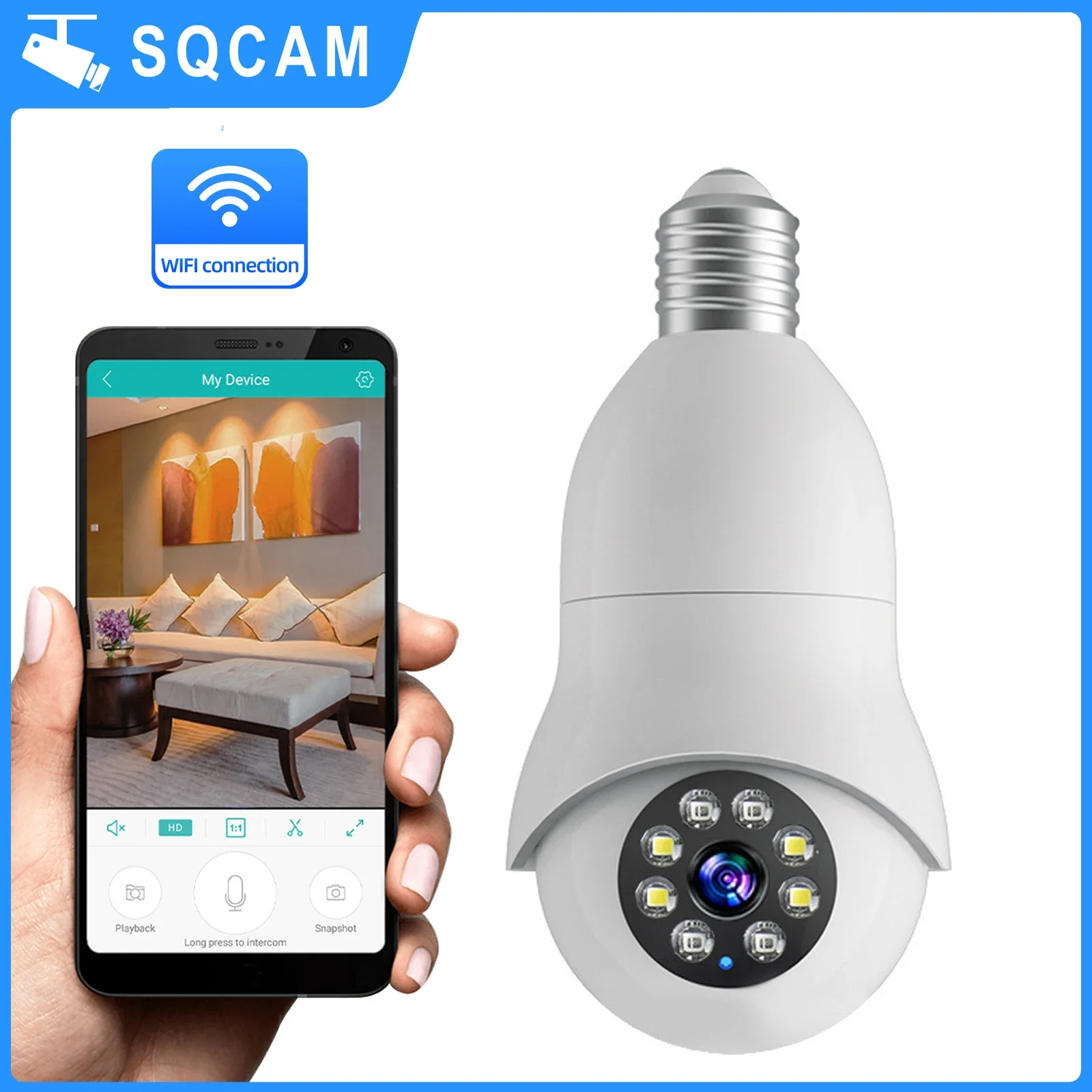 

SQCAM Camera 360 5MP bulb camera lamp motion detection for Outdoor video camera Street auto tracking two way night vision cam