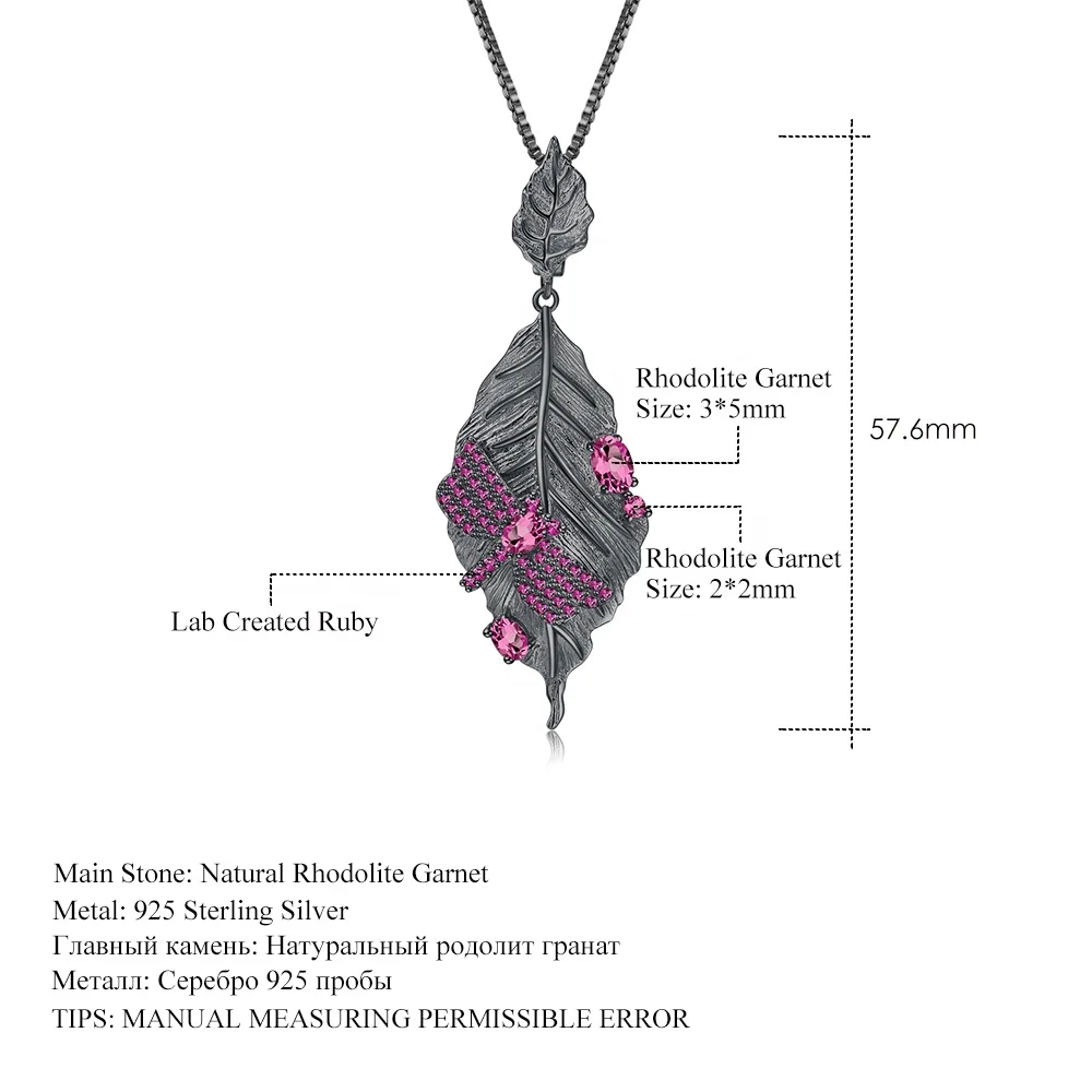 Butterfly Pendant Black Gun Natural Rhodolite Garnet Stone 925 Sterling Silver Long Leaf Pendant Necklace For Women