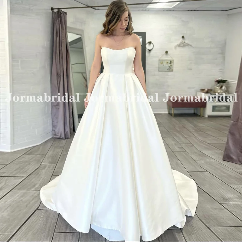 

Strapless A-line Satin Wedding Dress with Chapel Train Cheap Draped Skirt Custom Made Country Bridal Gown vestidos de novia 2024