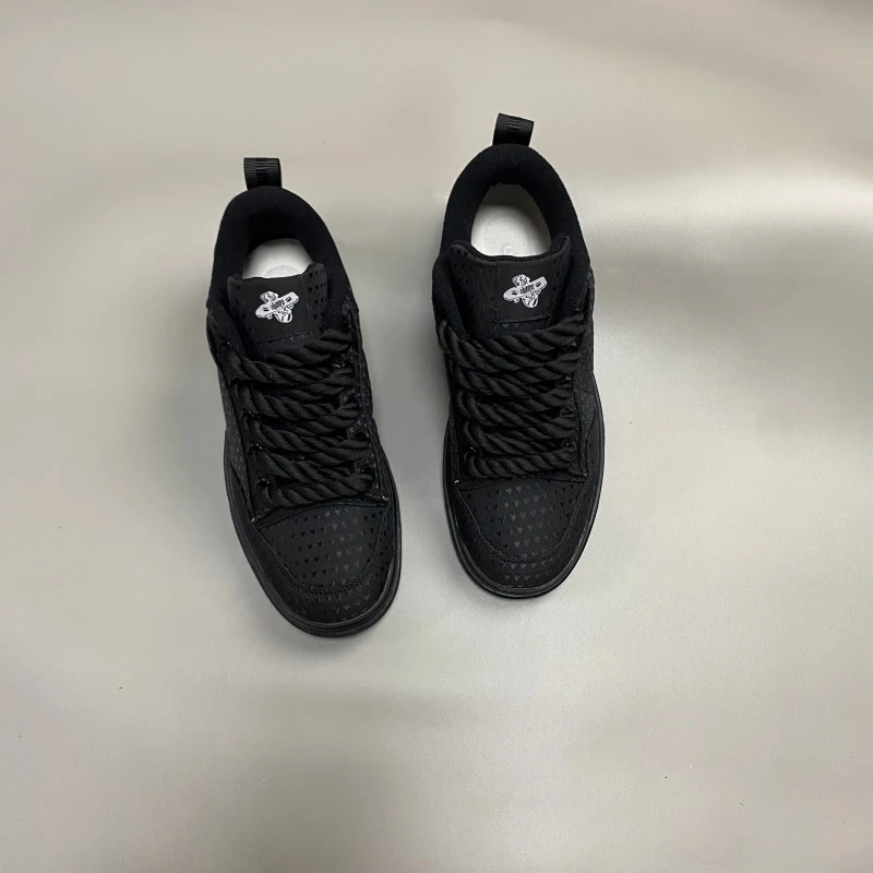 Purple and white color blockAll-black embossed heart thick rope loafers, niche chunky sole skateboard shoes, dark-themed America