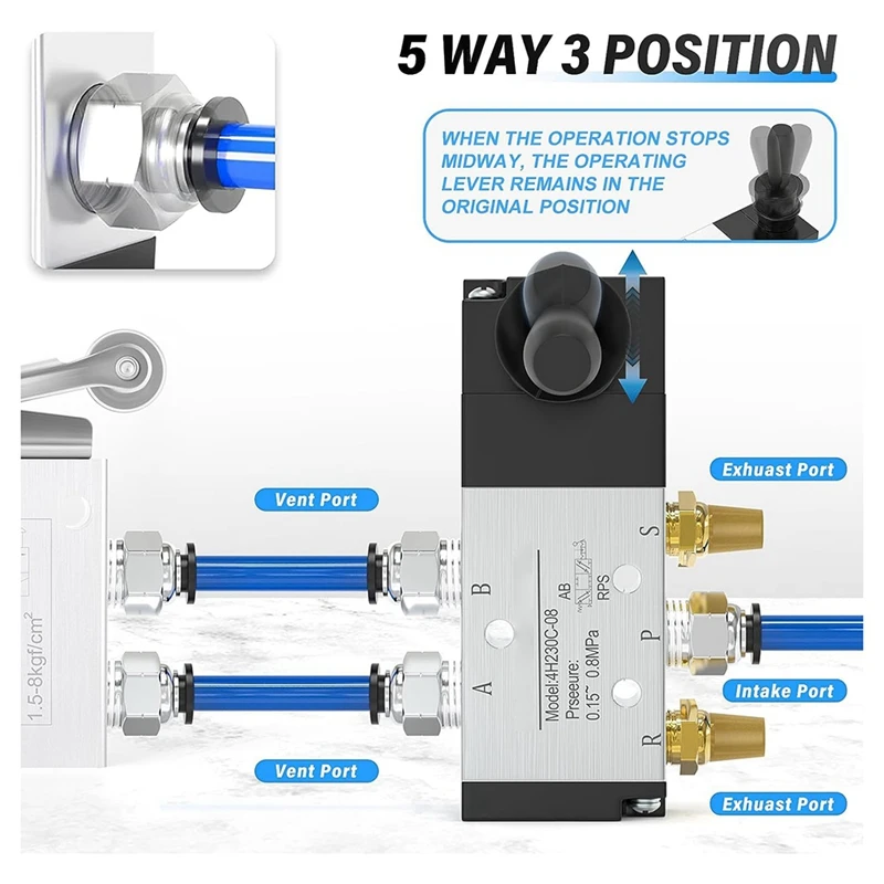 1/4Inch NPT 5 Way 3 Position Air Hand Lever Operated Valve Pneumatic Solenoid Valve Manual Control Push-Pull