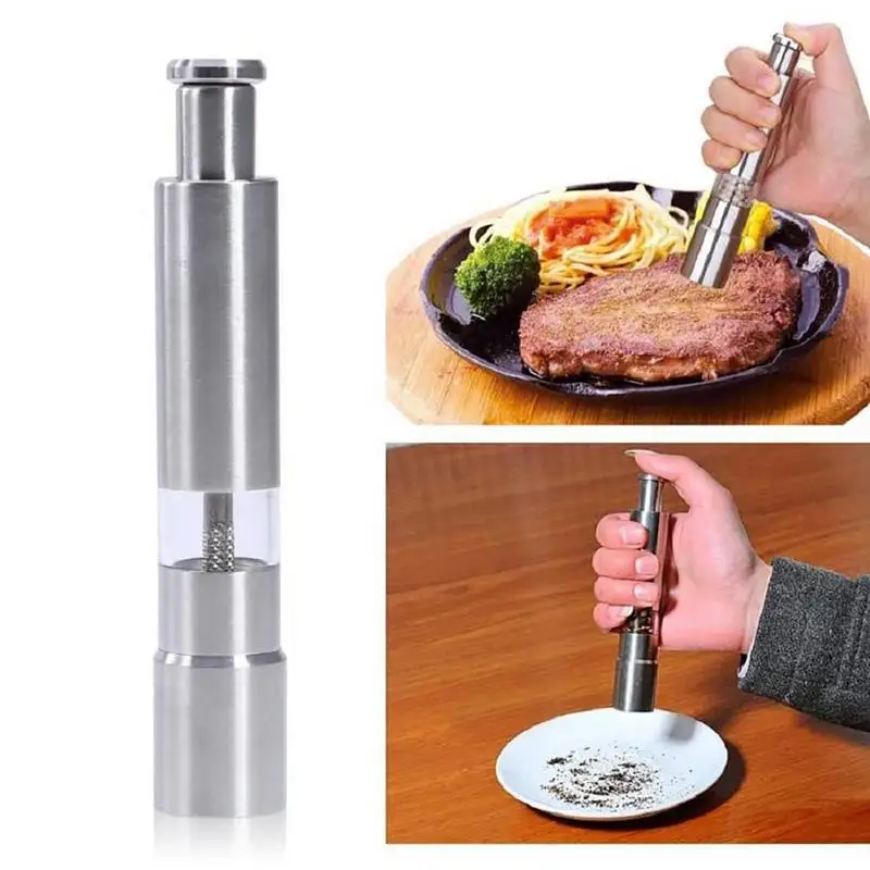 Salt Pepper Grinders With Push Button Tops Stainless Steel Base And Rod One Handed Salt And Pepper Mill Kitchen Cooking Gadgets