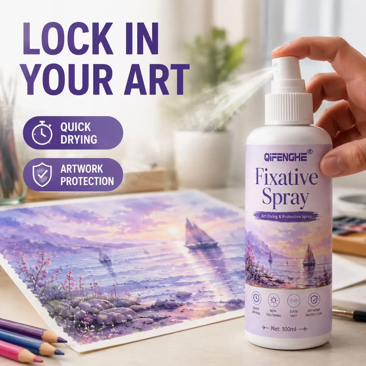 Universal Artwork Fixative Spray. Quick Dry, No Odor, Non-Yellowing. Seals & Protects Watercolor, Pencil, Pastel from Fading.
