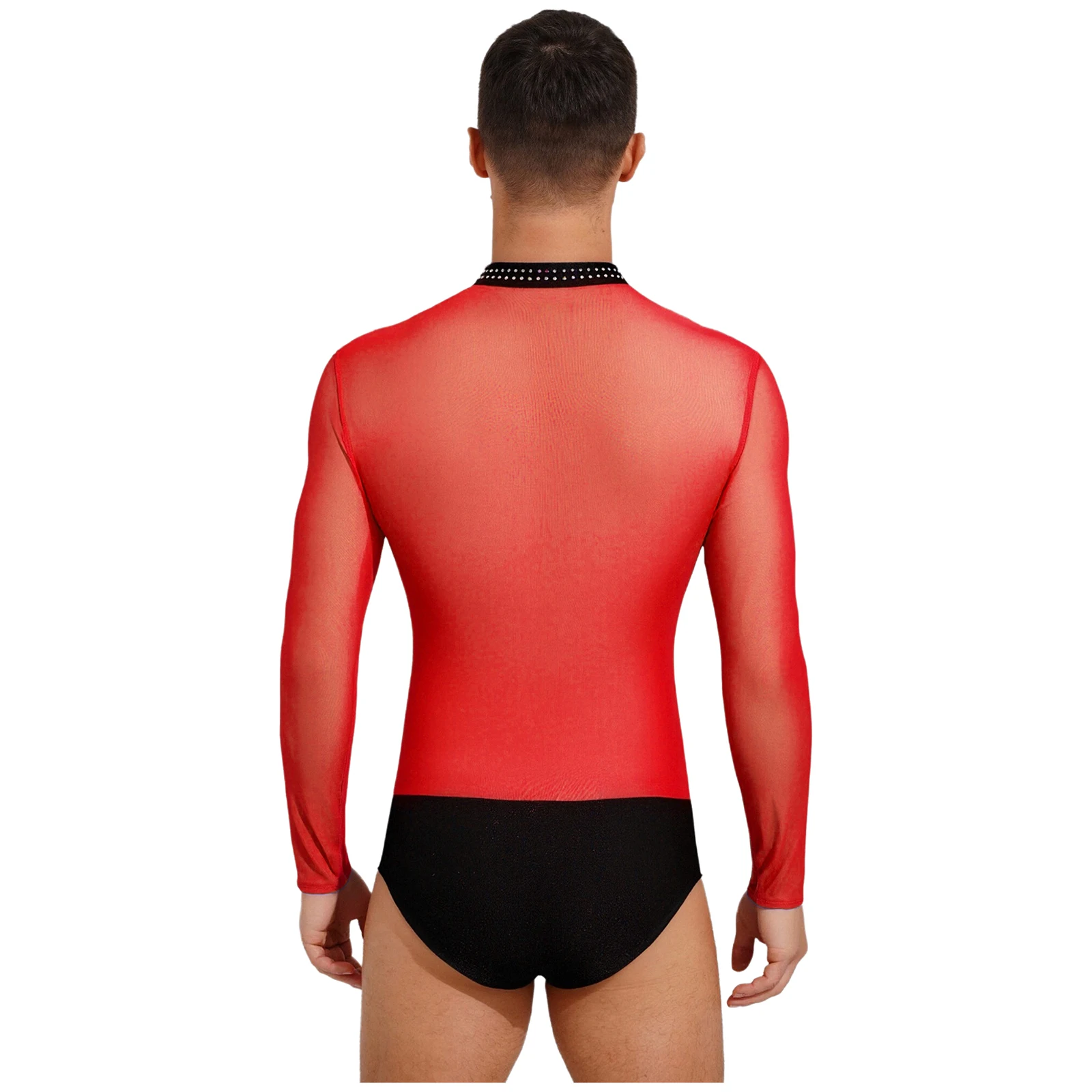 Heren glittersteentjes gymnastiek artistiek kunstschaatsen kostuum lange mouw ritssluiting pure mesh dans maillots bodysuit