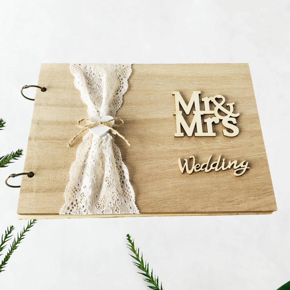 

1Pcs Wooden Guest Book for Wedding 40 Pages Vintage Style Retro Guest Sign-in Message Album for Engagement Party