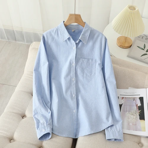 Camisa Oxford informal de algodón para mujer, blusa y Tops de buena calidad para mujer, camisas a rayas blancas y azules, ropa 2024