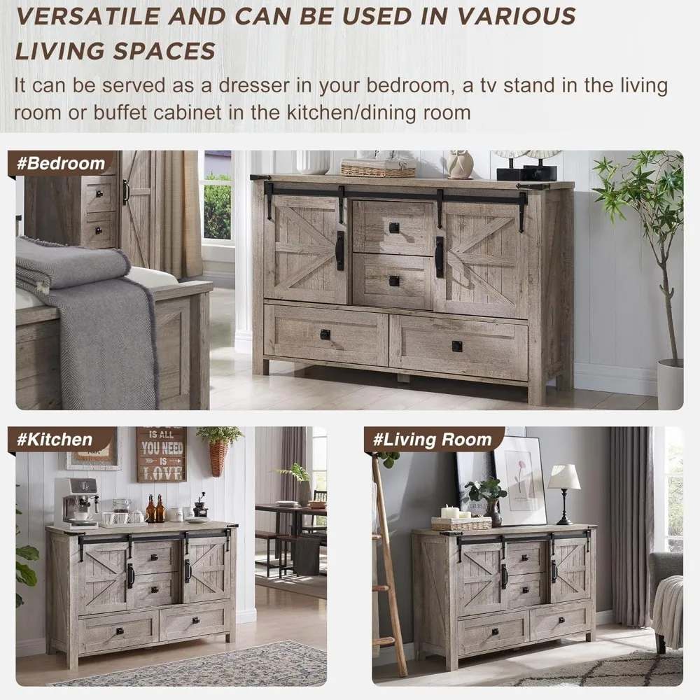 Farmhouse Sideboard Buffet Cabinet with Storage, 31.2'' Tall Kitchen Cabinet with 2 Sliding Barn Doors and 4 Drawers, Rustic Wo
