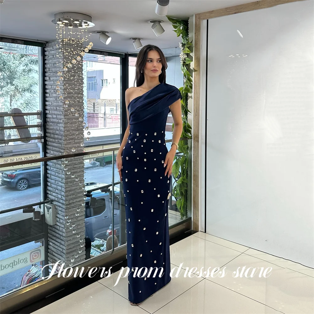 

Flowers Dark Blue Prom Dress One Shoulder Evening Dress Crystal Stones Applique Party Dress Ruched vestidos de fiesta Customized