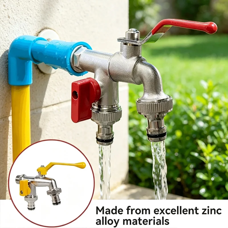 External Garden Faucet One In Two Out Dual Switch Anti-Rust Zinc Alloy Durable Leakproof Tap For Courtyard Farm Agricultural Use