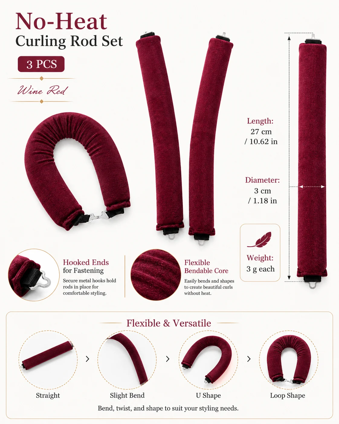 3 Hooks Rubber Heatless Hair Curler No Heat Big Wave Hair Rollers Sleeping Hair Styling Tools view 6
