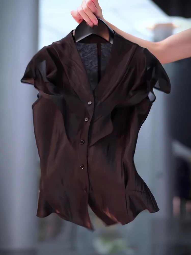 Faionable Summer Commute Slim Fit Chiffon irt with Lace Hemline ort Sve V Ne  Color Korean Sle Workwear