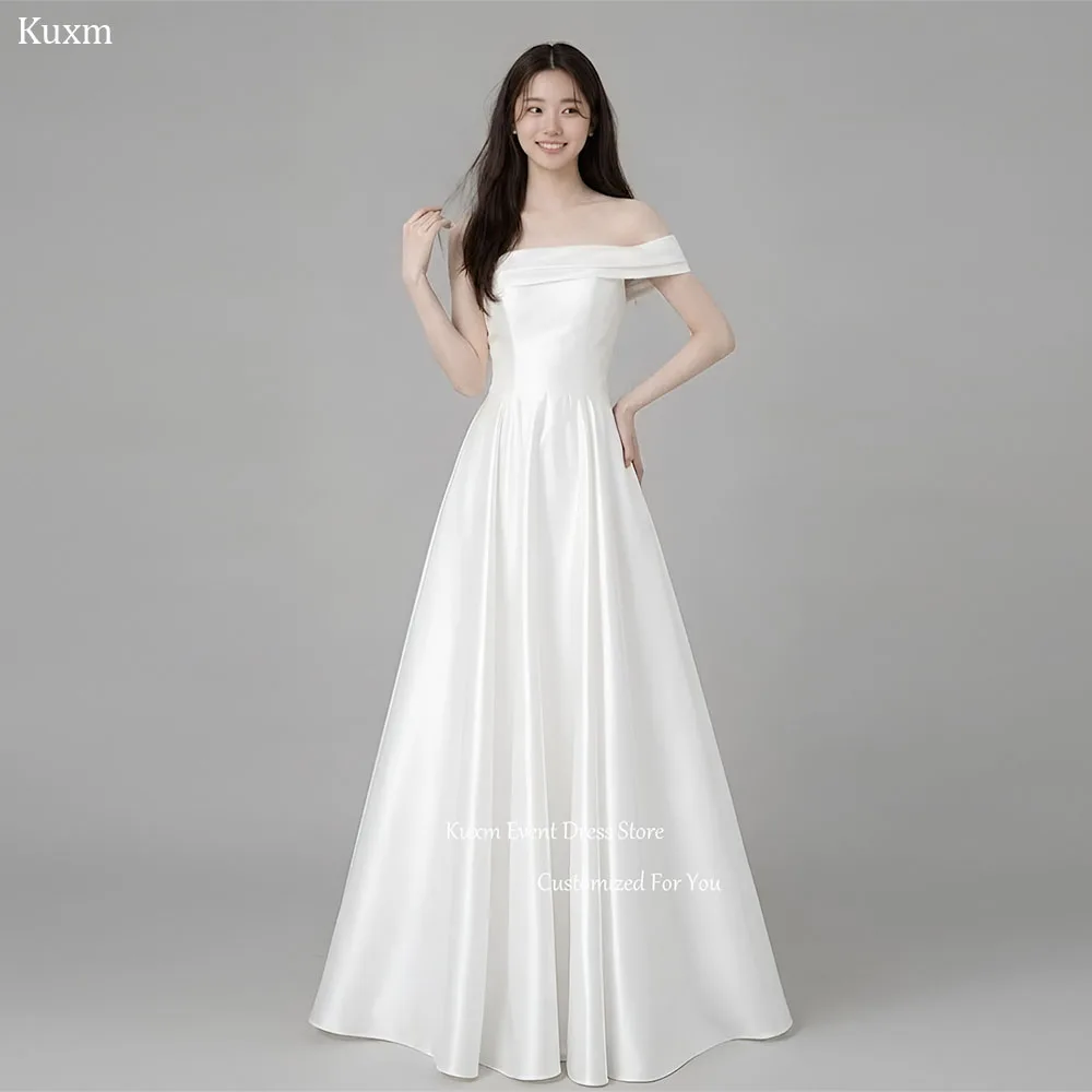 Kuxm White Strapless Korea Wedding Gown One Shoulder Backless Satin Bridal Gown Floor Length Photo Shoot 웨딩드레스 Customized