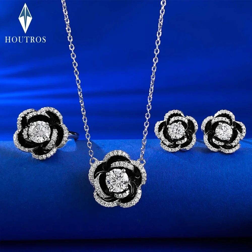 

100% 925 Sterling Silver Flowers Jewelry Set for Women 6.5mm Zircon Pendant Necklace Ring Sparkling Earrings Party Wedding Gift