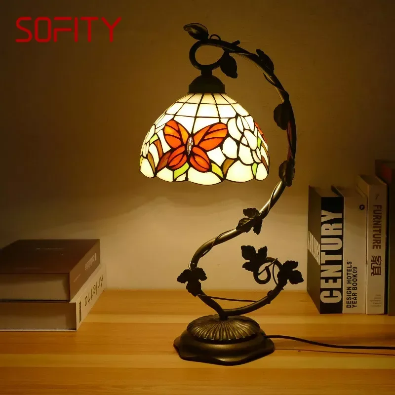 

SOFITY Tiffany Table Lamp American Retro Living Room Bedroom Lamp Luxurious Villa Hotel Stained Glass Desk Lamp