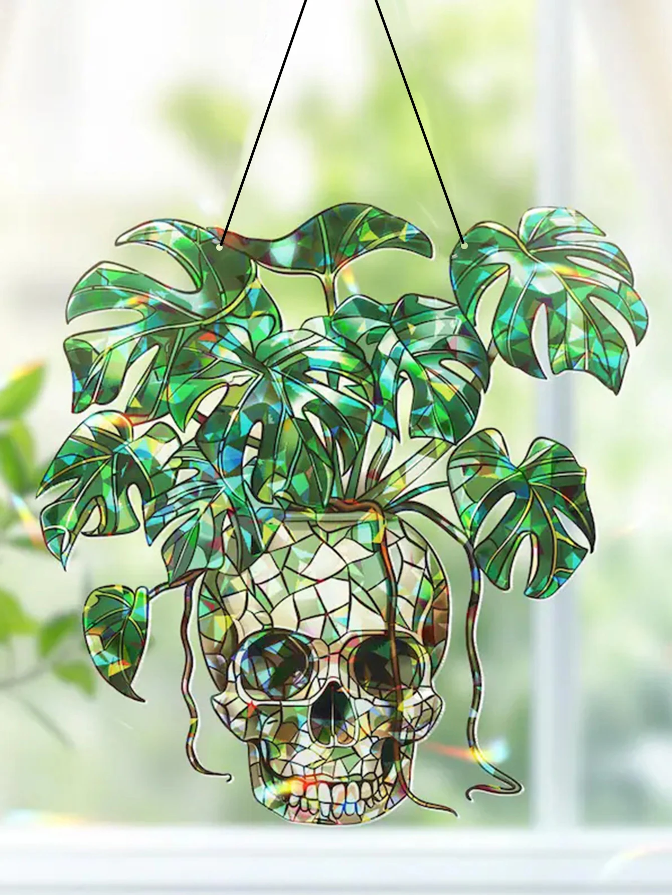 Green Skull Hanging Decor Acrylic Plant Pot with Leaf Shape Window Ornaments Pendant Wall Decorations for Home & Halloween Party