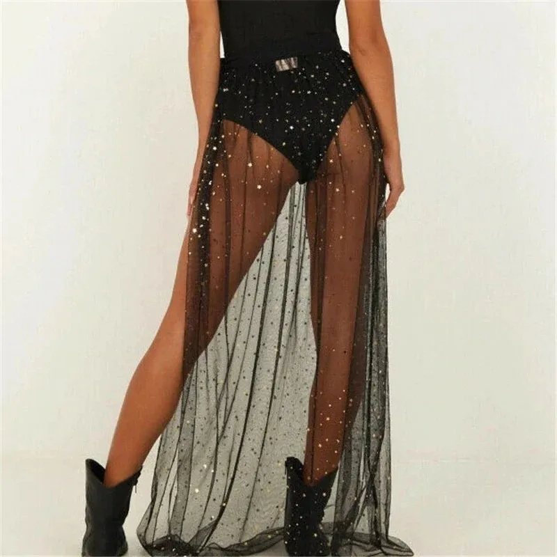 Black Sexy Mesh Bikini Beach Dress Ladies Summer Sequin Split Lace-up Skirt Blouse Large Beachwear Shiny Sarong Skirt