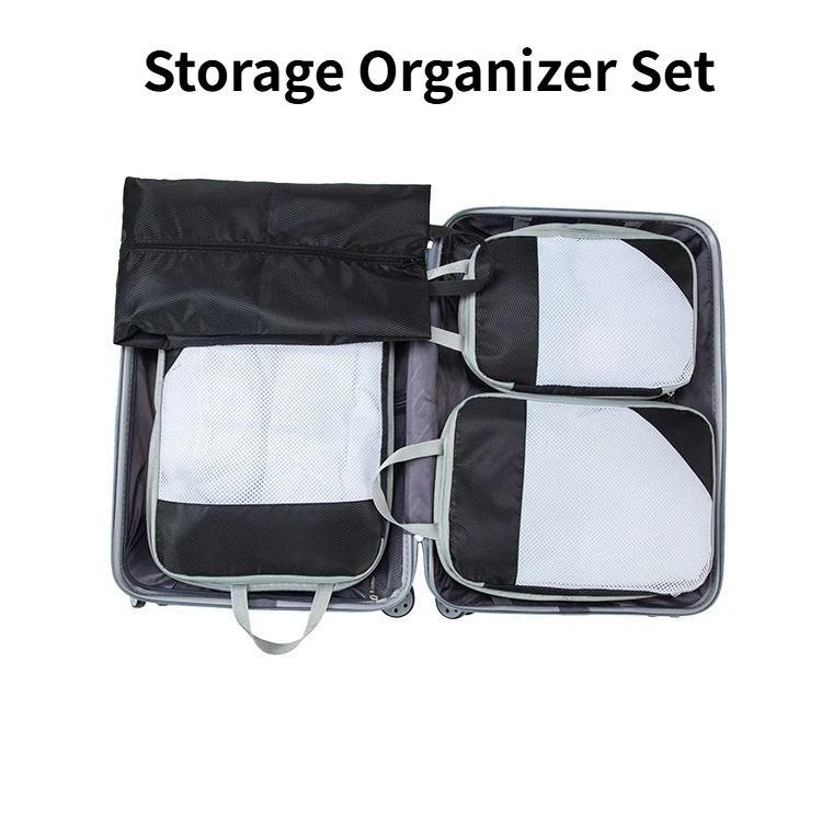 4PCS Travel Compressed Packing Cubes Storage Organizer Set with Shoe Bag Mesh Visual Luggage Portable Lightweight Suitcase Bag