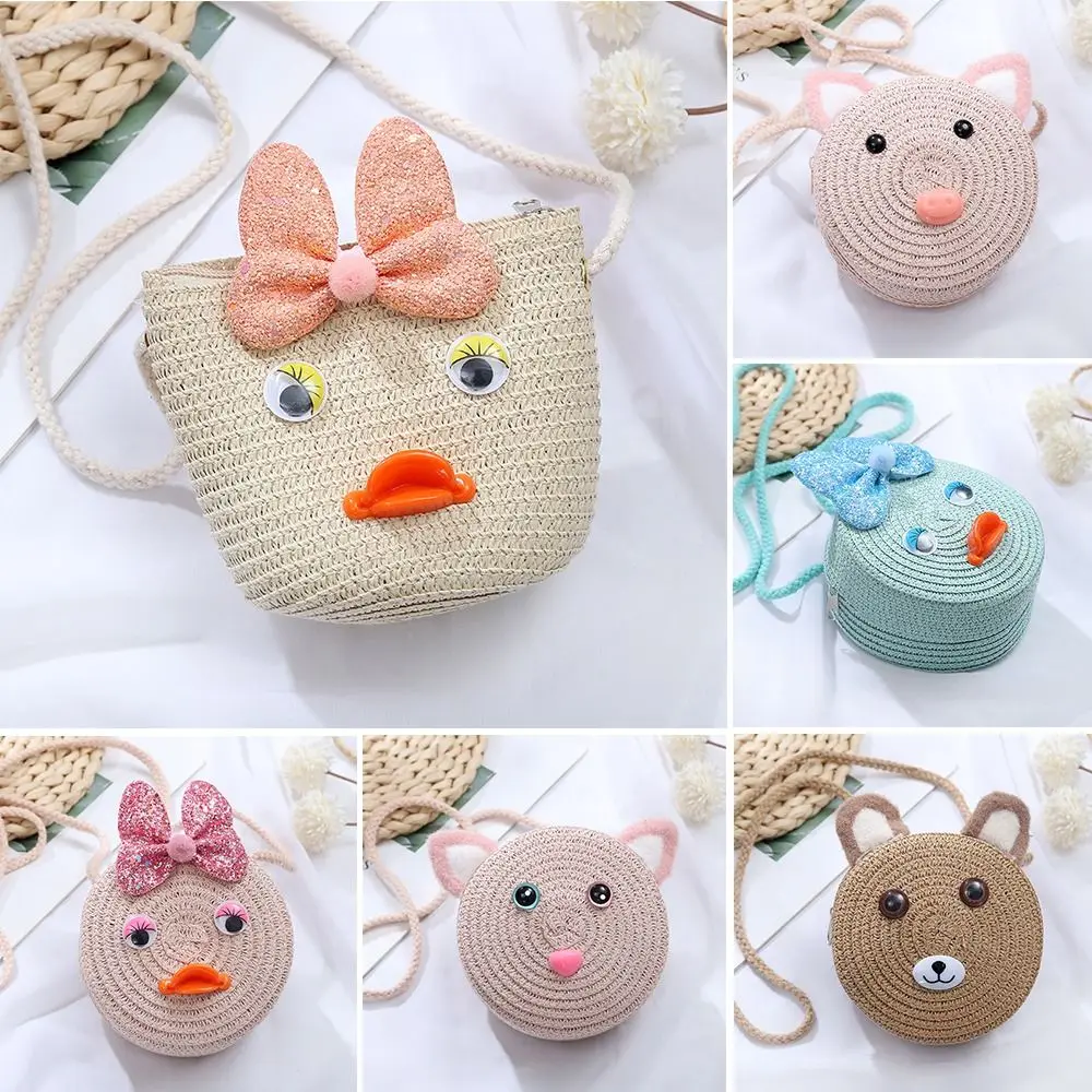 Creative Handwoven Kids Straw Bag Cartoon Round/Shell Shape Crossbody Bag Princess Handbag for Children Girls