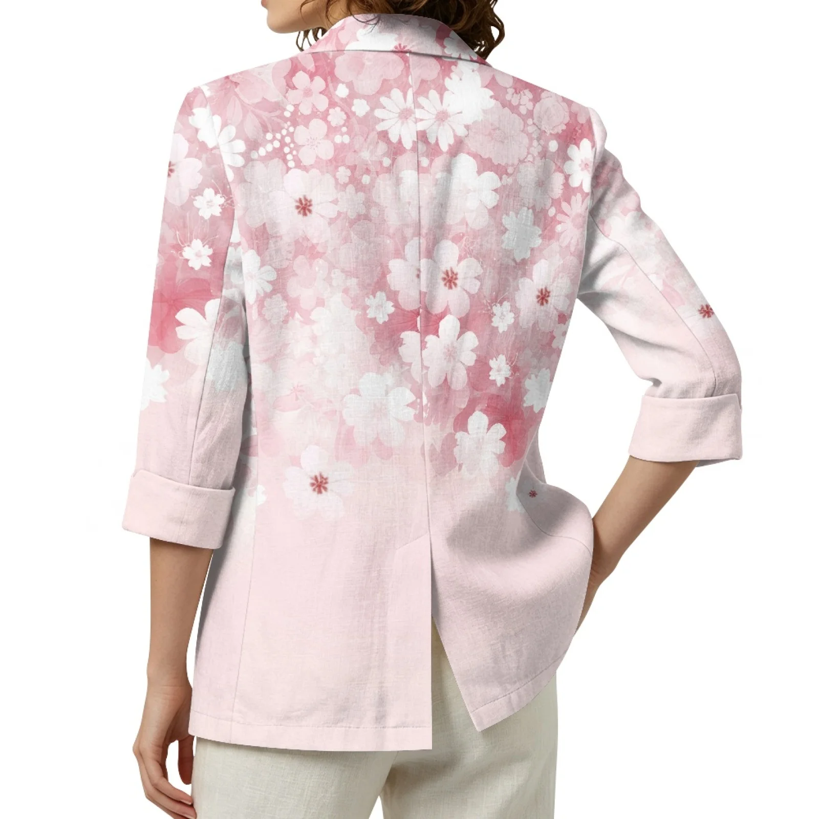 PENSTROLL 3/4 Sleeve Linen Style Daily Shrug Loose Fit Layering Piece for Daily Wear Pink Floral Pattern