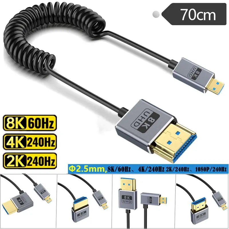 Spring Coaxial 8K 2.1 Version Ultra-Thin OD2.5mm Micro HDMI Compatible Male to HDTV Male Digital Camera HD Cable 8K@60Hz4K@240Hz