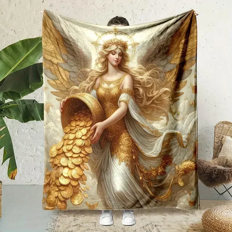 Vintage Oil Painting Golden Wealth Angel Coin Wing Print Throw Blanket Soft Cozy Warm Bed Sofa Luxury Classic Home Decor
