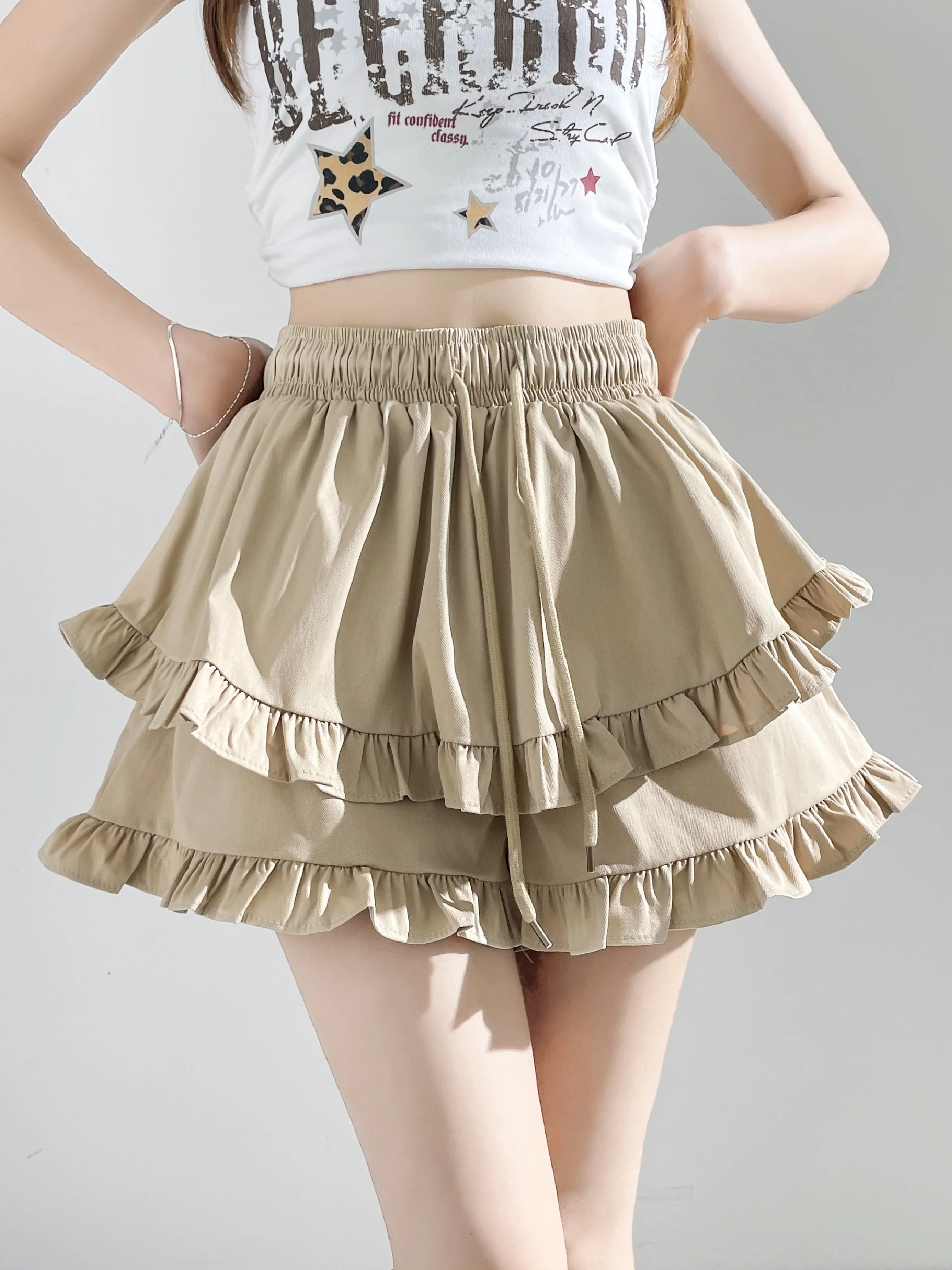 

Summer New Style Women's Loose Elastic Waist Cake Ruffle Shorts Skirt Casual A-Line Wide Leg Hot Pants High Waist Polyester F...