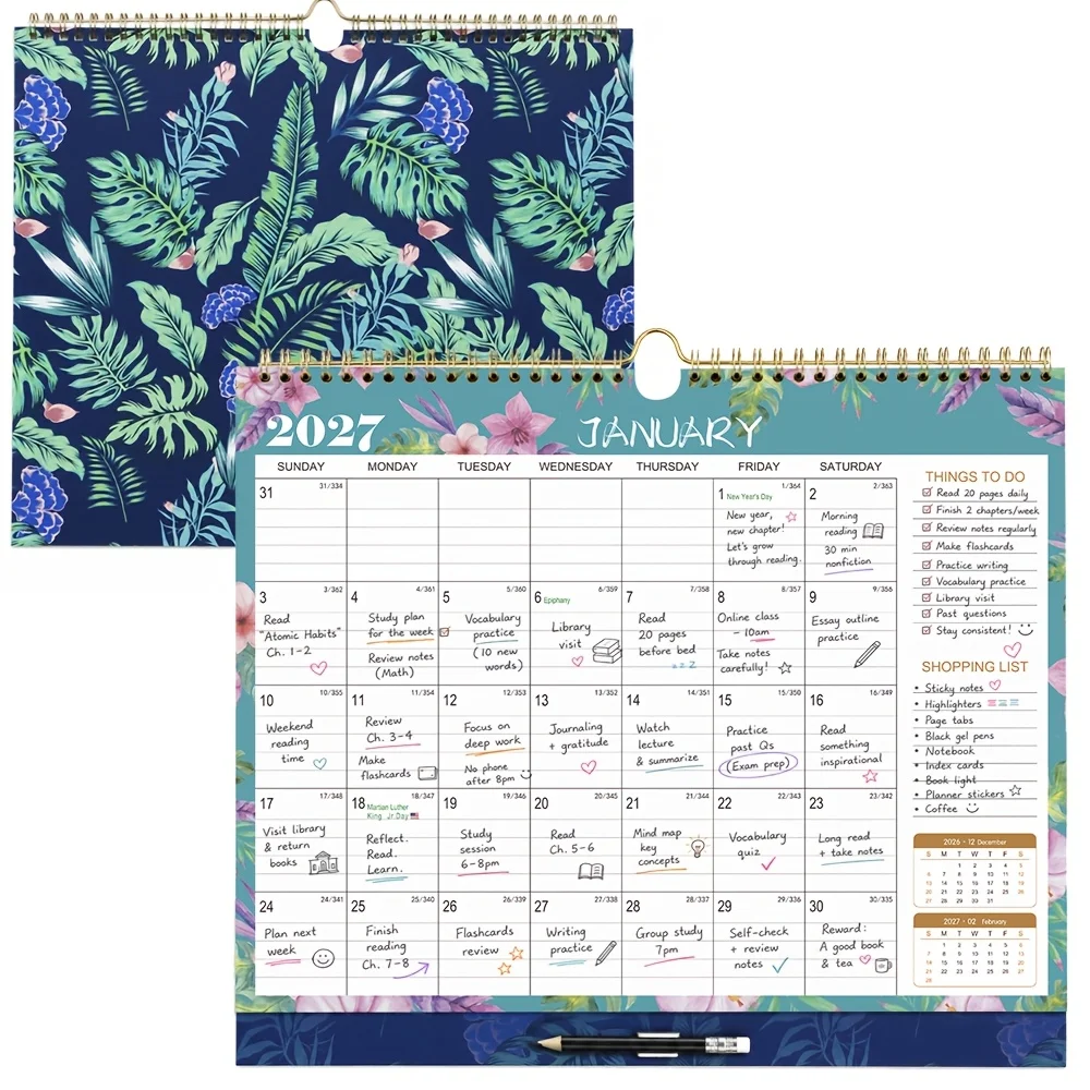 2027 Wall Calendar 12 Month Jan-dec Monthly Planner Large Writing Grid Back Pocket Pencil Holder Holiday Markers Home Office