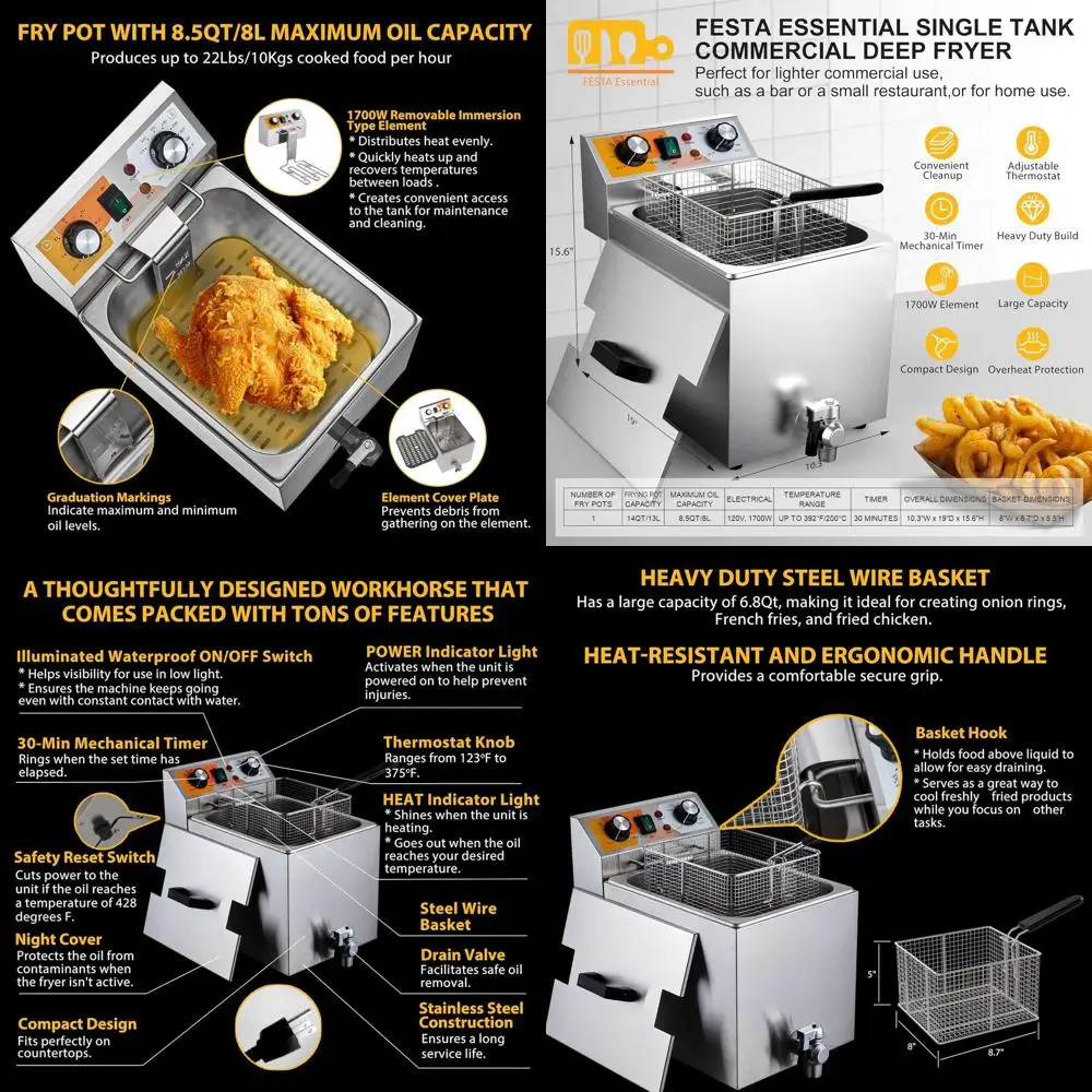 

6,8 Qt. Корзина в комплекте, электрическая фритюрница мощностью 1700 Вт, нержавеющая сталь, идеально подходит для домашнего и коммерческого использования, 120 В.