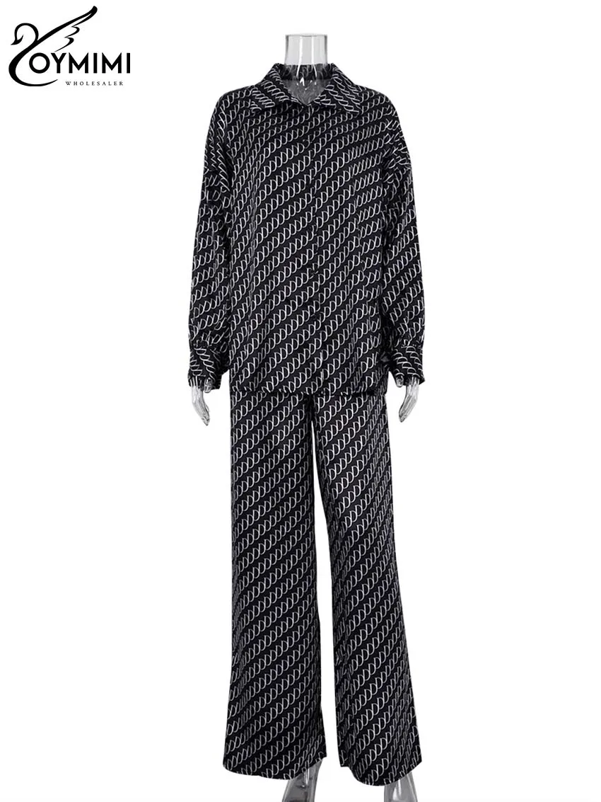 Oymimi Fashion Black Print Womens 2 pezzi Outfit Set eleganti camicie a maniche lunghe con risvolto e Set di pantaloni dritti a vita alta