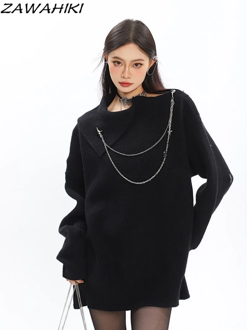 ZAWAHIKI Japanese Sweet Chic Designed Zipper Off Shoulder Chains Lovers Sweater Women Loose Solid Color Knitted Y2K Tops Mujer