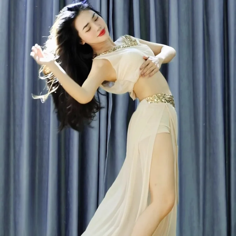 

customized new set belly dance costumes training clothes beginner's bright silk screen strap performance clothes top and skirt