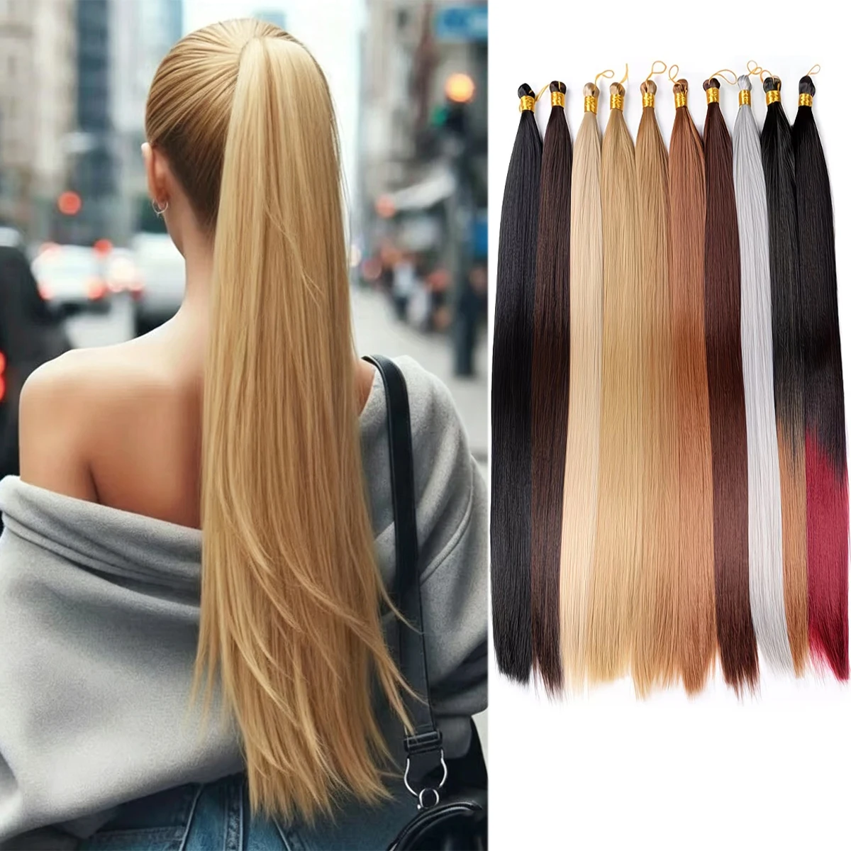 

2pcs/pack with Tool 24 Inch Synthetic Long Straight Silky Bulk Hair Extensions High Temperature 150g/Piece for Women