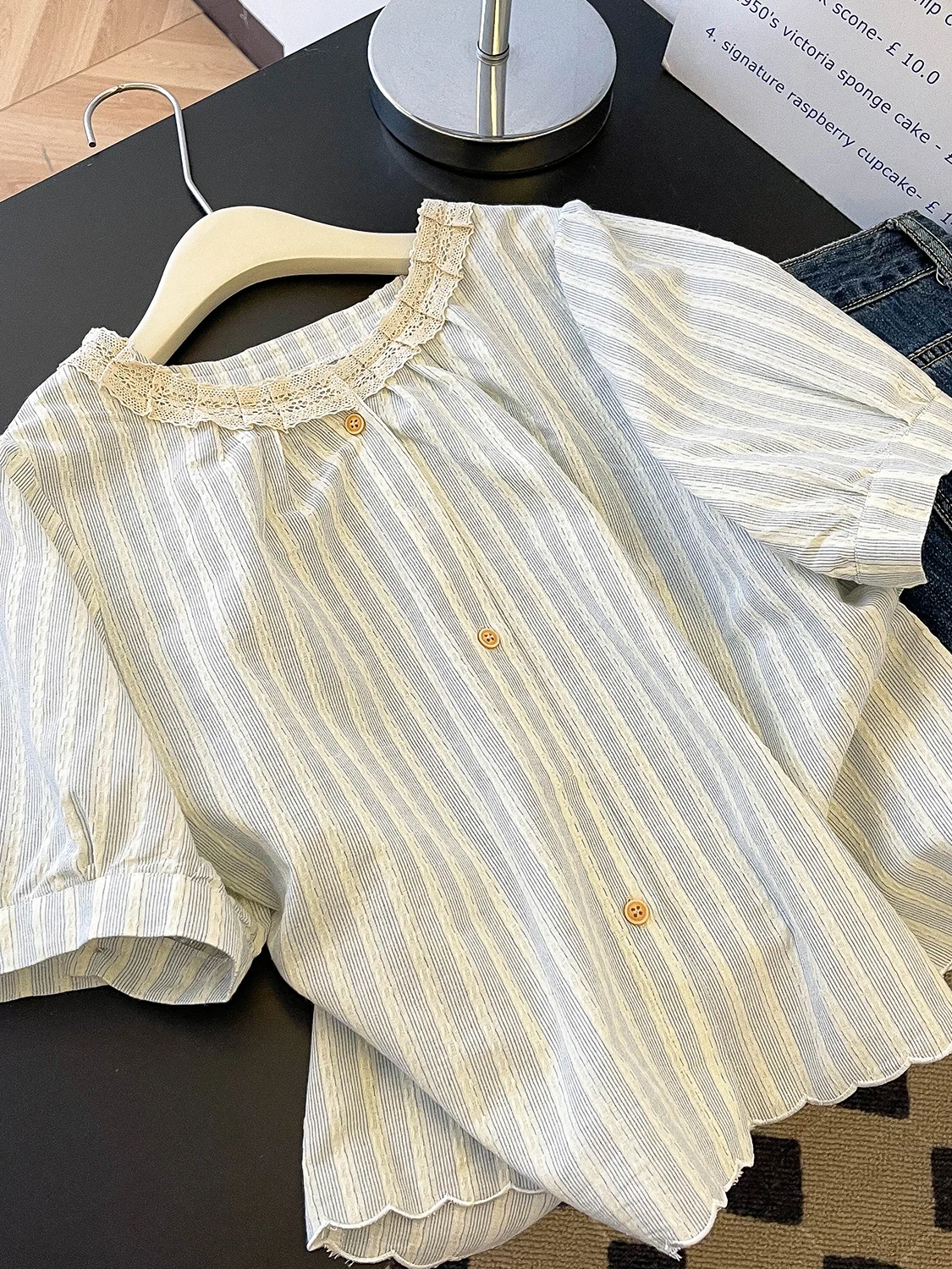 

Summer Gentle Style Women's Shirt Cotton Blend Short Sleeve Striped Lace Trim Japanese Design Sense Cute Age Reduction Top