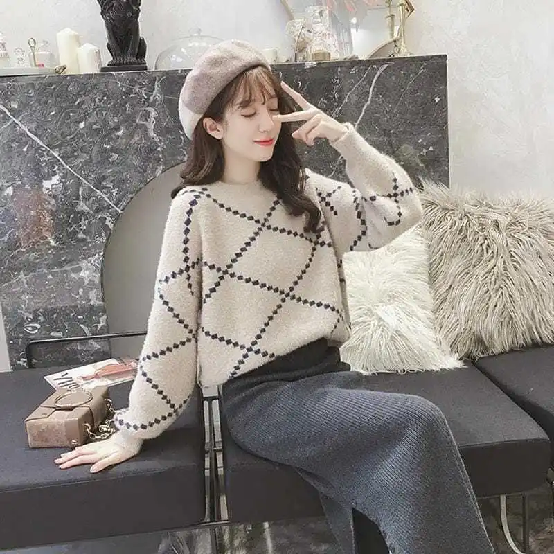 Imitation Mink Fur Pullover Sweater Thickened New Loose Autumn and Winter Sweater Lazy Style Knitted Sweater