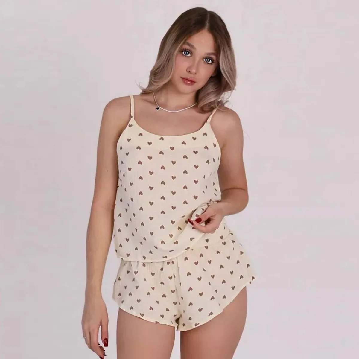 

Cotton Sexy Summer Women Pajamas Set Spaghetti Strap Sleepwear heart Print Tank Tops And Shorts Cute Soft Sleeveless Nightwear