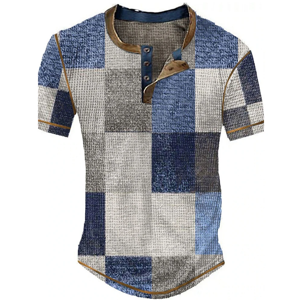 Farbblock-Patchwork Grafik 3D-Druck Henley-Shirts Herren Vintage Mode Übergroße Kurzarm T-Shirts Männer Oberteile Kleidung – Detail 12