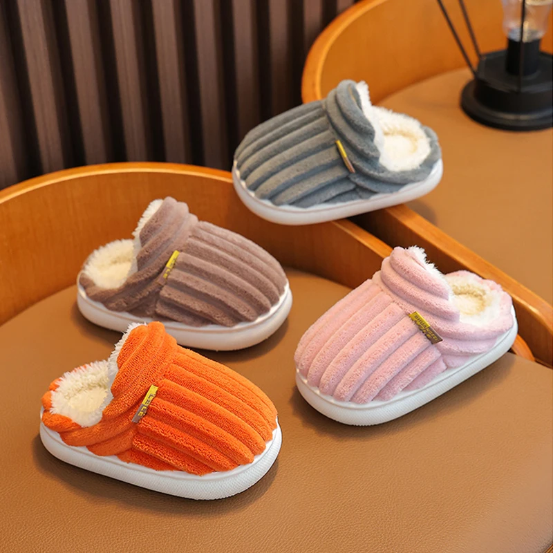 2024 Winter Concise Stripe Plush Slippers Children's Non-slip Soft Indoor Fluffy Mule For Boys Girls Warm Kids Home Cotton Shoes