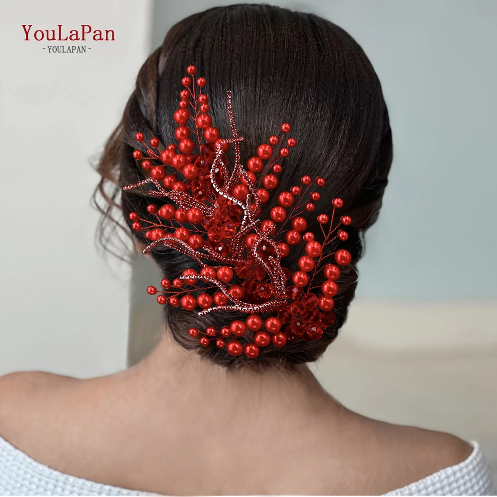 

TOPQUEEN Wedding Bridal Pearl Headband Fashion Red Color Hair Accessories Handmade Headwear Banquet Party Headpieces HP739
