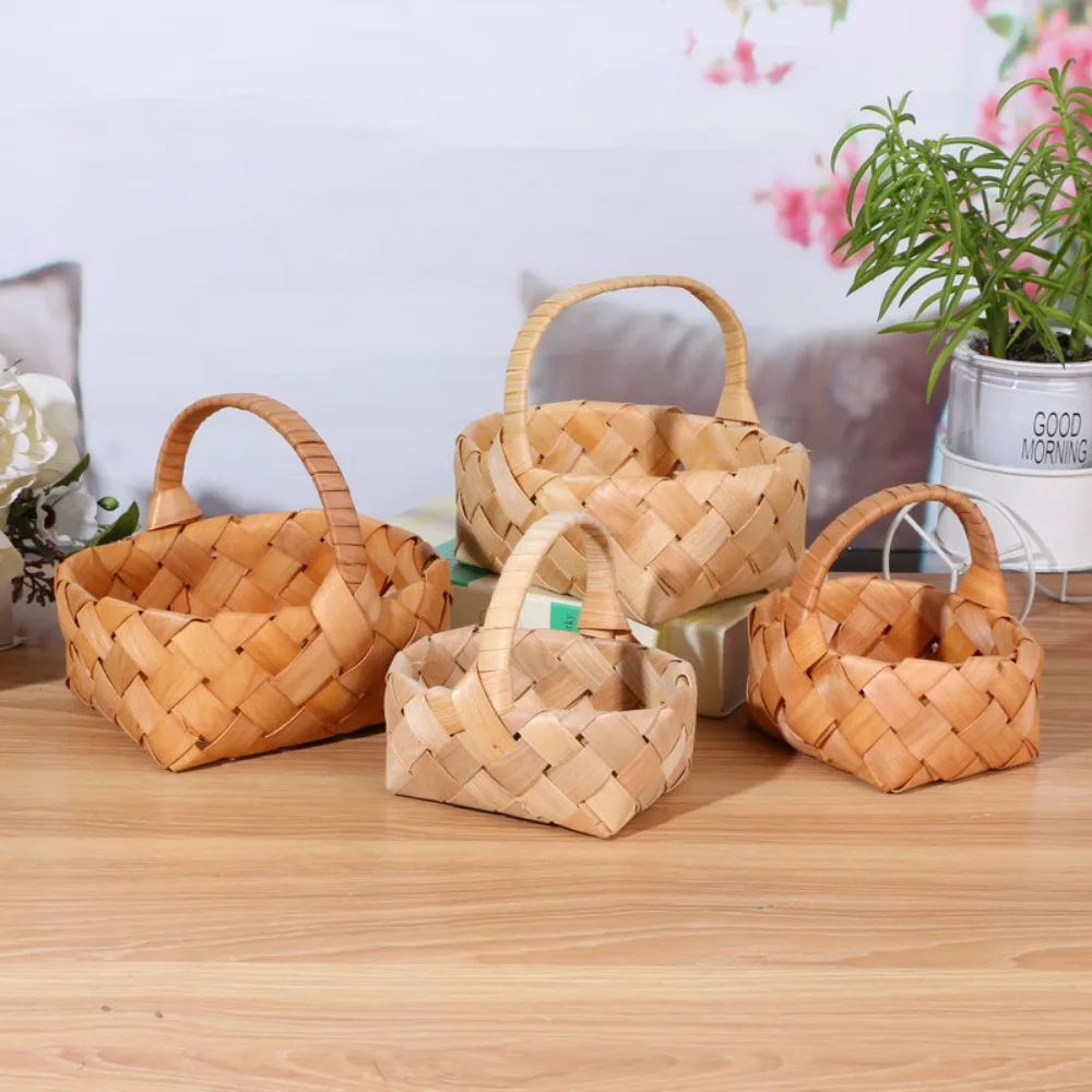 with Handle Fruit Basket Handmade Handwoven Handhold Weaving Flower Basket Vine 3 Styles Household Braid Storage Baskets