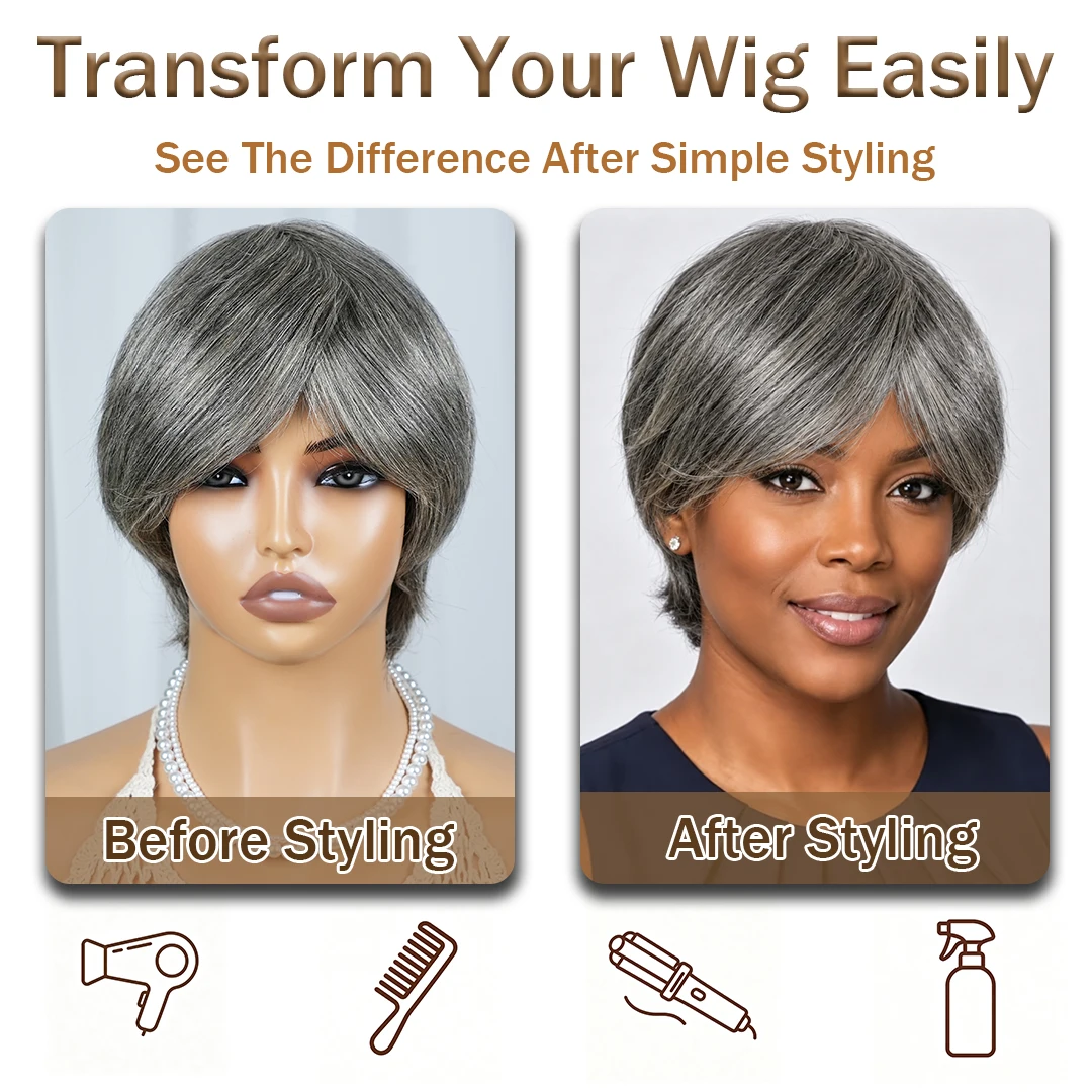 Pixie Cut Wig salt & pepper Wig Human Hair Short Straight Wigs for Women Layered Brazilian Remy Human Hair Machine Made Wigs
