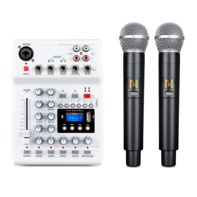 RQSONIC NG04W  Professional Mini Digital Powered DJ Audio Mixer Wireless Condenser Microphone Podcast Sound Console with Speaker