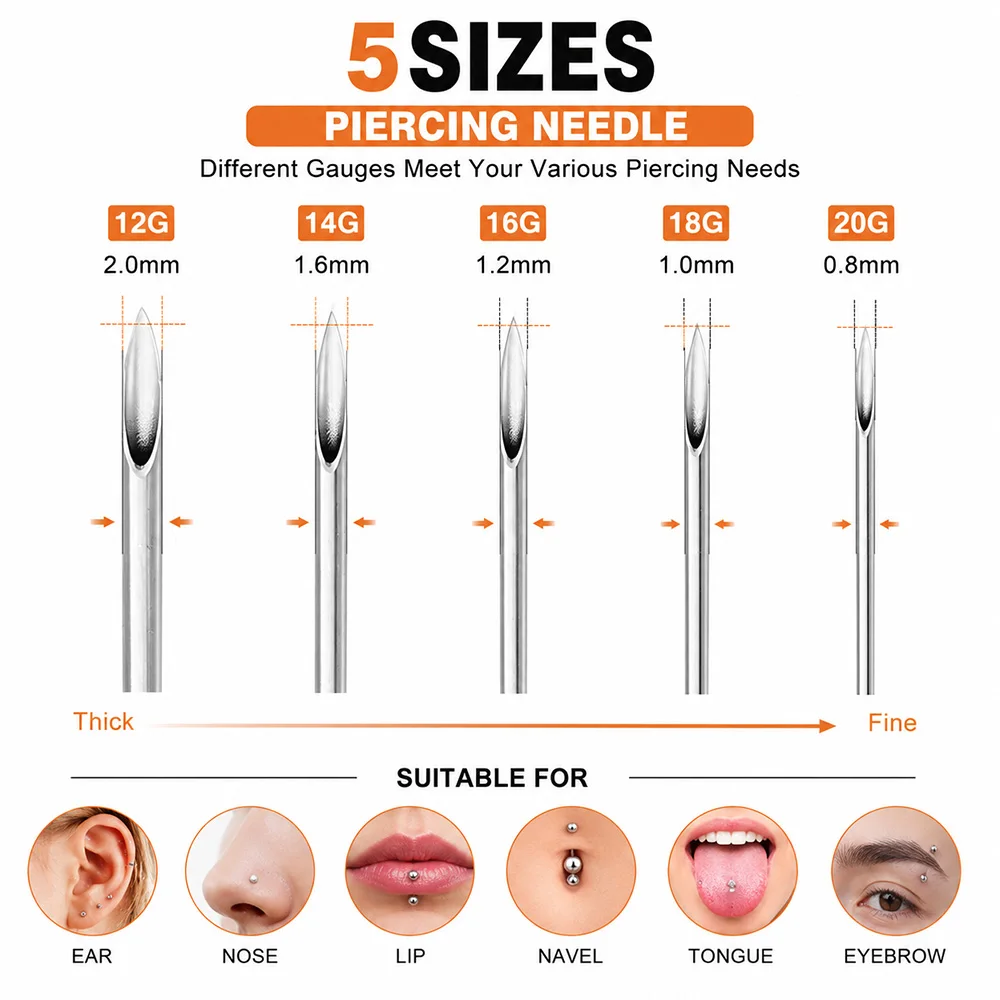 200/50/20pcs Piercing Needles Stainless Steel Puncture Needles 12G 14G 16G 18G 20G Ear Nose Body Piercing Tool Individally Pack