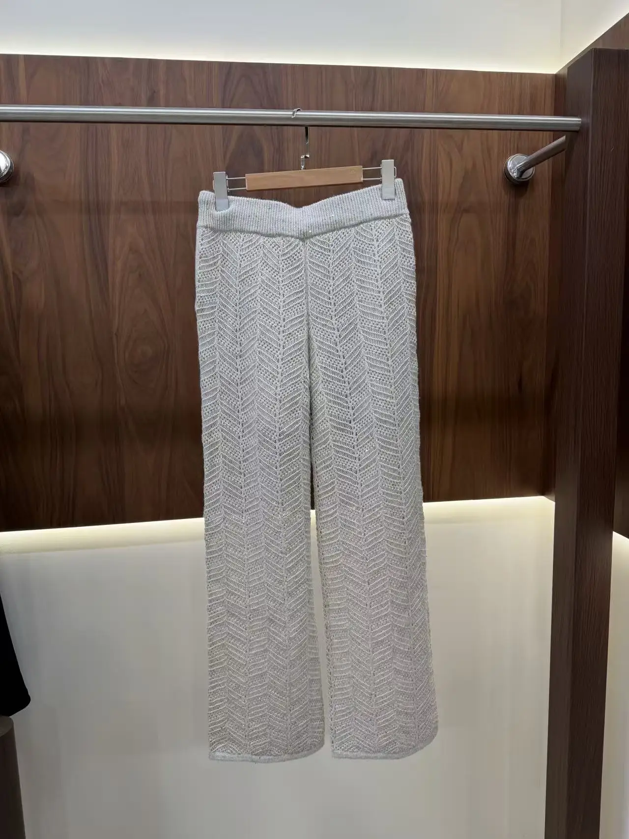 Women Chevron Hollow Knit Two-Piece Cardigan & Wide Leg Trousers Set view 3