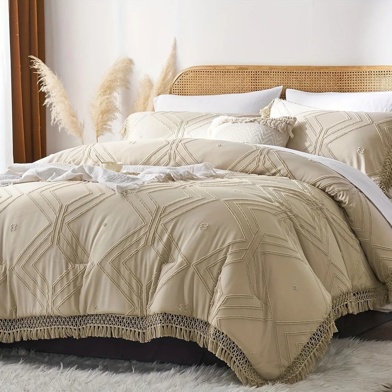 7pcs Tassel Geometric Textured Tufted Comforter Set - Stain-Resistant, Soft, Lightweight, Breathable, And Hypoallergenic Microfiber Bedding With Farmhouse - Queen And King Size Bed In A Bag For All Seasons, Gifts For The Family