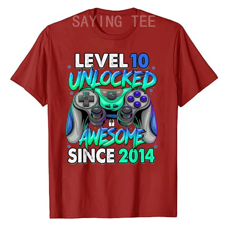 Level 10 Unlocked Awesome Since 2014 Gaming 10th Birthday T-Shirt Funny Video Game Gamer Graphic Tee Tops Boys Fashion Clothes