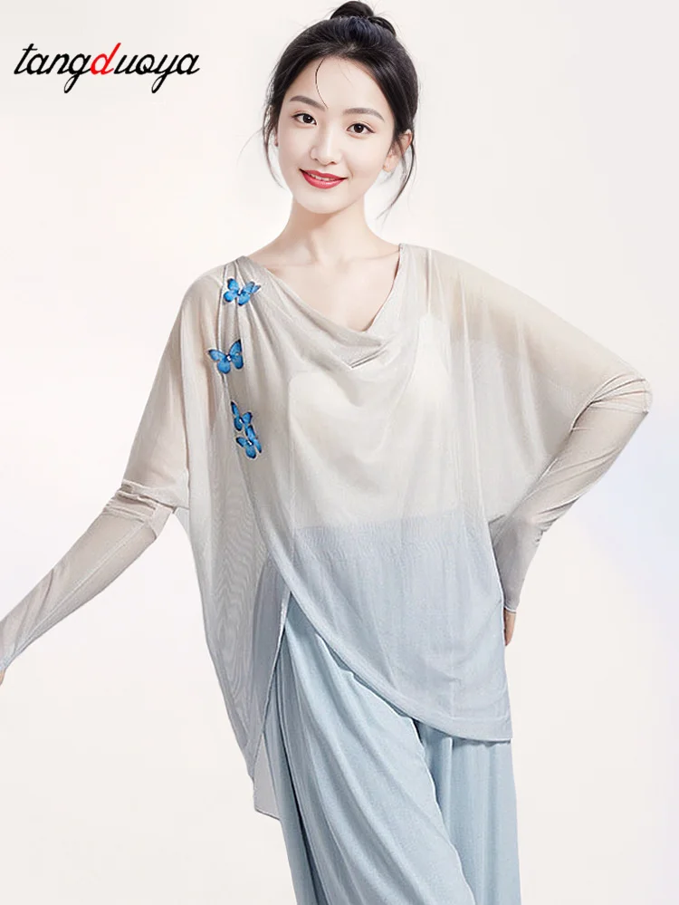 

Classical Dance Top Gradient Butterfly Decoration Thumb Hole Swinging Gauze Top Lyricism Ethnic Dance Practice Top for Women